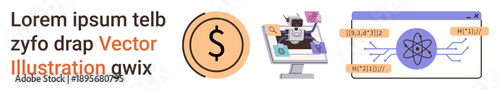 Digital finance, automation systems, machine learning, programming, innovation, and online economy. Dollar symbol, robot on a computer and atomic graphic. Digital finance and automation systems