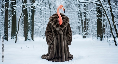 Main Subject: A vibrant pink flamingo standing on one leg in a snowy forest.