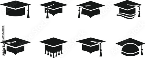 Graduation cap silhouette icons, academic achievement symbols, vector illustration, black design, minimal layout, mortarboard graphics