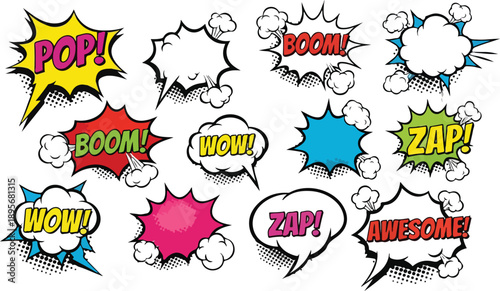 Vibrant Comic Speech Bubbles with Energetic Exclamations and Expressions in a Dynamic Illustration