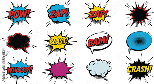 Vibrant Comic Book Speech Bubbles and Sound Effects Explode on White Background