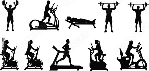 Golf player silhouette icons, sports action symbols, vector illustration, black design, minimal layout, athletic swing graphics