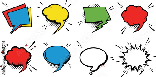 Collection of colorful speech bubbles and exclamation marks in comic style illustration
