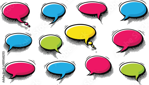 Collection of colorful speech bubbles in various shapes and sizes on a clean white background viewed from a straightforward perspective