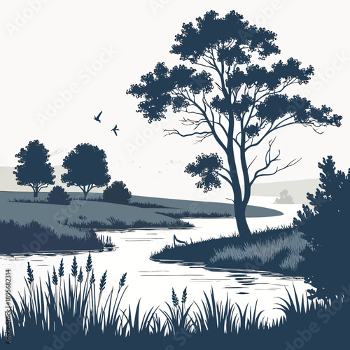 Serene lakeside landscape