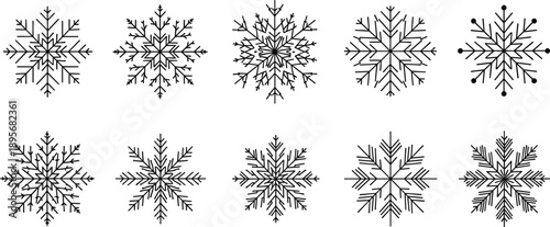 Collection of black snowflake silhouettes, geometric winter icons, symmetrical snow shapes, seasonal design elements, isolated on gray background