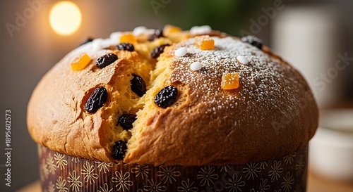 Main Subject: A traditional Panettone sweet bread loaf topped with raisins and candied fruit.