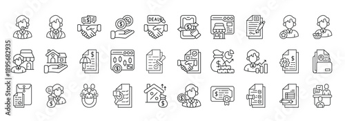 Broker Icon set Collection in Line Style. broker, agent, intermediary, middleman, negotiation, commission, deal