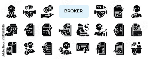 Broker Icon set Collection in Solid Glyph Style. broker, agent, intermediary, middleman, negotiation, commission, deal