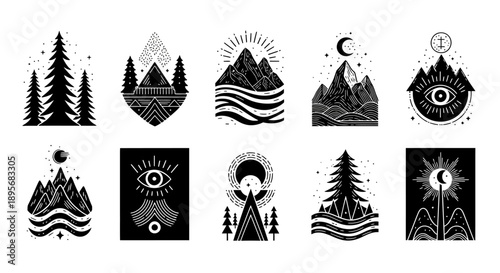 Mystical Mountain and Forest Vector Icons