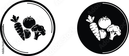 Black and white vector illustration of fresh vegetables including a carrot tomato and broccoli in circular icons for healthy eating and organic food design,