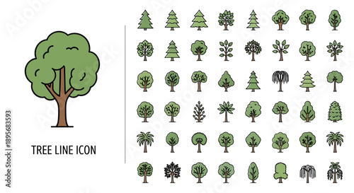 Tree line icons set. Forest nature symbols