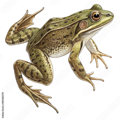 A frog captured in a dynamic mid-leap pose, showcasing its smooth skin texture.