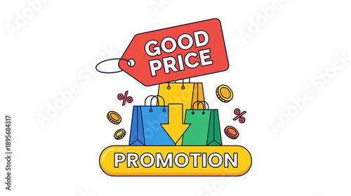 Promotional Action, Shopping Bags, Marketplace, Illustration, Vibrant Colors, Eye-Level, Price Reduction Concept