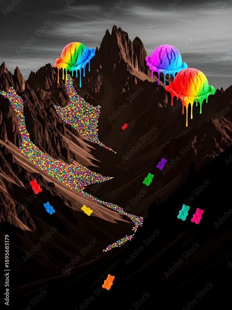 Fototapeta premium Rainbow colored liquid dripping from mountains into a dark landscape with colorful objects scattered throughout the scene, 1000611649_x16.jpg