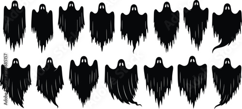 Ghost silhouettes, Halloween icons, spooky shapes, cartoon spirits, black ghosts, eerie figures, scary design, horror clipart, festive graphics, creepy elements