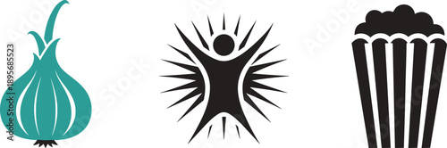 Vector illustration set featuring a teal garlic bulb silhouette a black starburst human figure and a popcorn bucket icon for diverse graphic design,