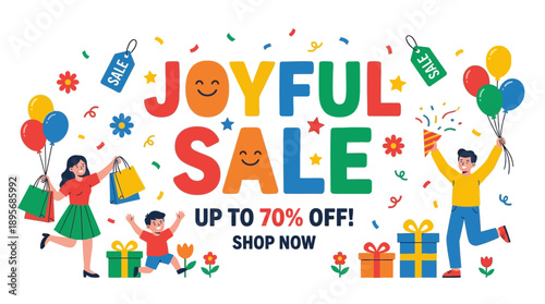 Joyful Sale Event Featuring Happy Shoppers, Colorful Balloons, Graphic Design