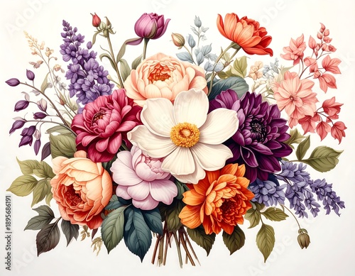 Colorful, vibrant bouquet of various flowers with leaves, against a plain background
