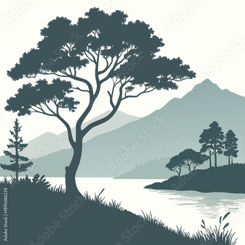 Serene lakeside tree silhouette