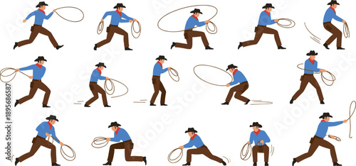 Cowboy lasso running and throwing action character set western rodeo vector