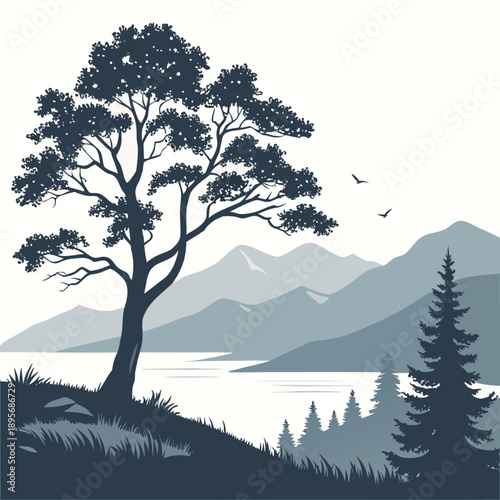 Serene lakeside tree