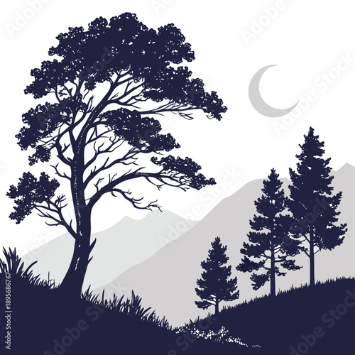 Silhouetted trees under moonlit sky