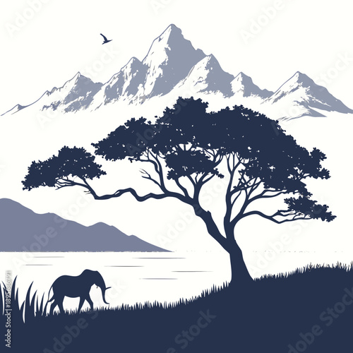 Elephant under tree near mountain lake