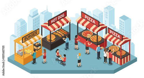 Isometric Street Food Market Scene with Vendors.