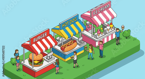 Isometric Food Stalls with People Shopping.