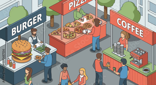 Vibrant Street Food Market Scene Illustration.