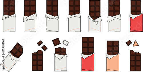 Chocolate bar packaging and broken pieces vector set sweet candy illustration