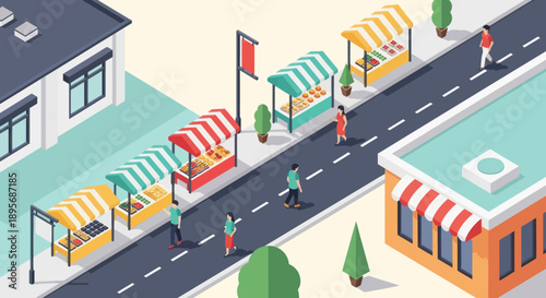 Isometric View of Street Market Scene.