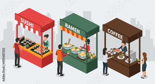 Food Vendors at Street Market Stalls.