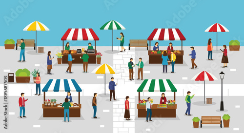 Vibrant Outdoor Market Scene with People Shopping.