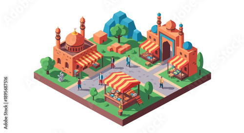 Isometric Village Scene with Buildings and Market.