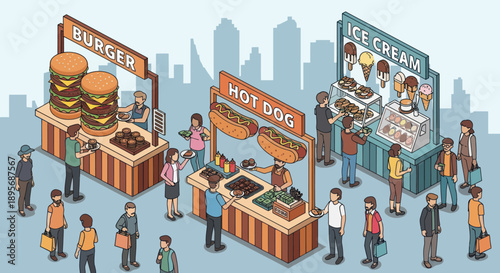 Illustration of Food Stalls and People.