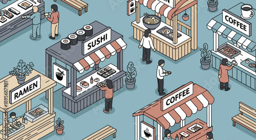 Isometric Food Stalls with People Shopping.