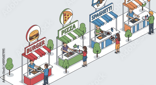 Isometric Illustration of Street Food Market Stalls.