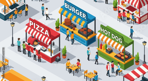 Colorful Food Stalls with People Shopping.