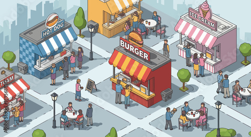Colorful Illustration of Street Food Stalls.