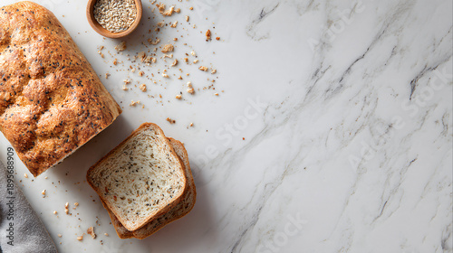 A whole multigrain loaf and a few slices rest on a white marble countertop, surrounded by scattered seeds and crumbs, emphasizing a healthy diet.