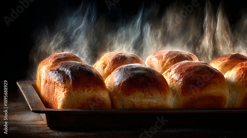 multiple golden baked bread rolls fresh warm oven baking tray steam rising dark background close up