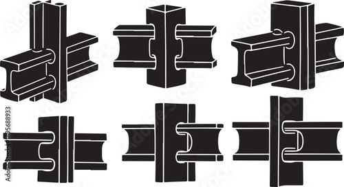 Set of black and white metal joint connector illustrations