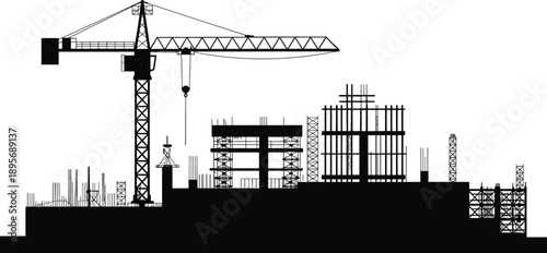 Silhouette, construction, site, tower, crane, building, framework, architecture, urban, development, infrastructure, industrial, engineering, project, progress, real, estate, isolated, black, concept