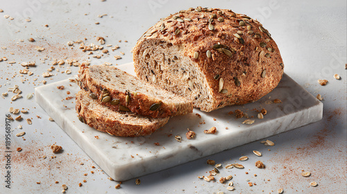 round whole grain healthy bread sliced pumpkin seeds marble board rustic homemade