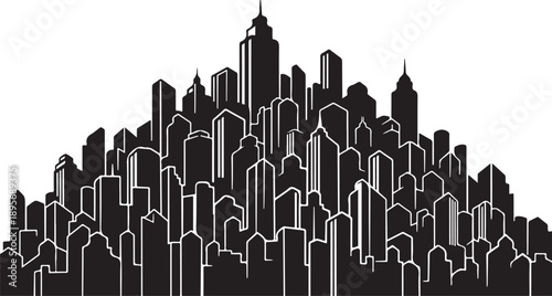 Black and White City Skyline with Tall Buildings Illustration