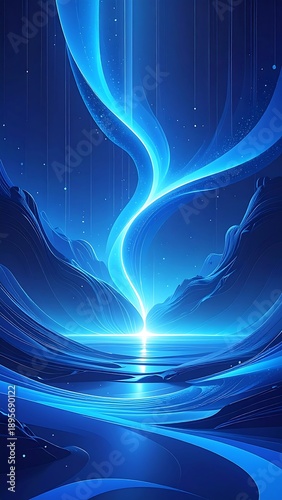Ethereal landscape of swirling blue light descends onto calm water between silhouetted mountain ranges
