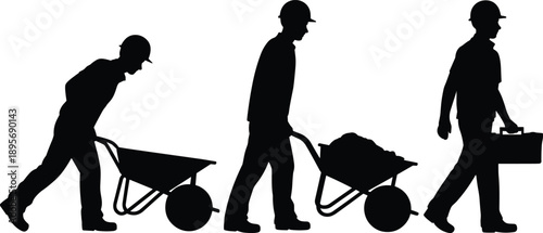 Silhouette of construction workers with wheelbarrow and toolbox, black industrial illustration showing manual labor, teamwork, engineering, infrastructure and building site concept