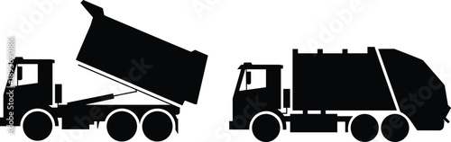 Silhouette of garbage truck and dump truck isolated on white background, black industrial illustration showing waste management, transportation and heavy vehicle concept